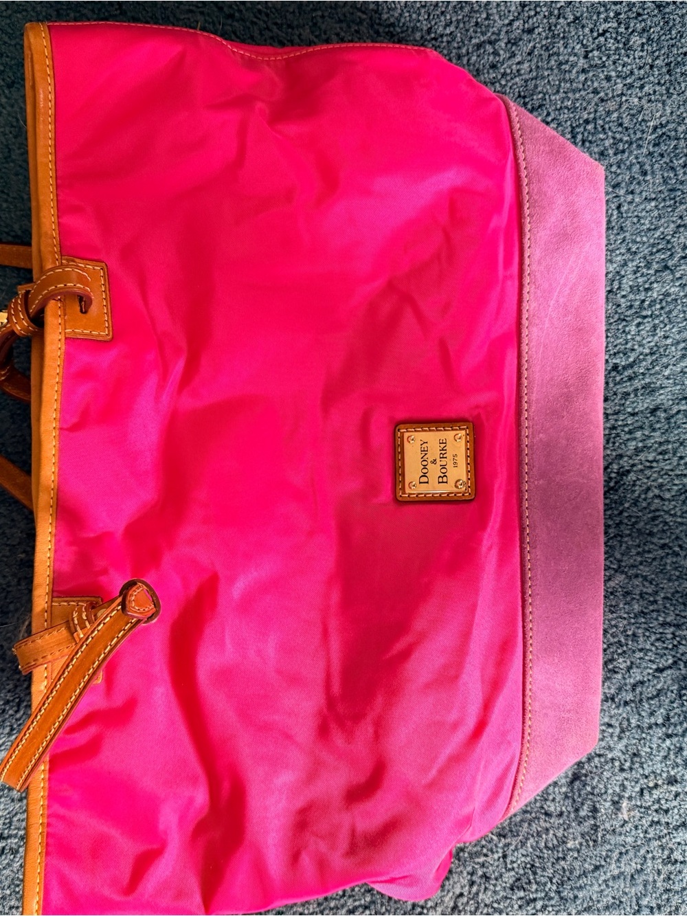 Dooney & Bourke Hot Pink Nylon Tote with Tan Leather Trim and Pink Suede Base